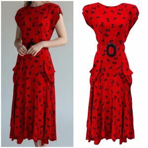 Vintage 80s Joni Blair Bow Belted Midi Dress